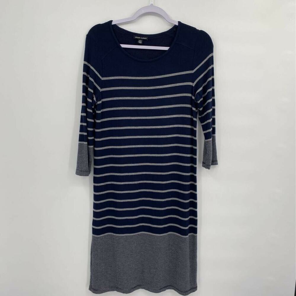 Hilary Radley Sweater Dress Blue Gray Stripe Stretch 3/4 Sleeve Scoop S